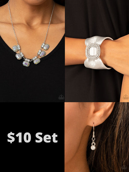 Paparazzi Silver $10 Set - Interstellar Inspiration Necklace and Lights, SELFIE, Action! Bracelet